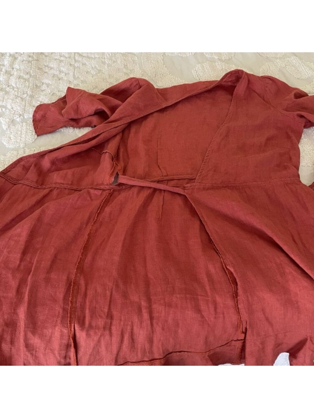 Honorine Edie Linen Ruffle Wrap Mini Dress Terracotta European Summer Boho Chic - Picture 12 of 13